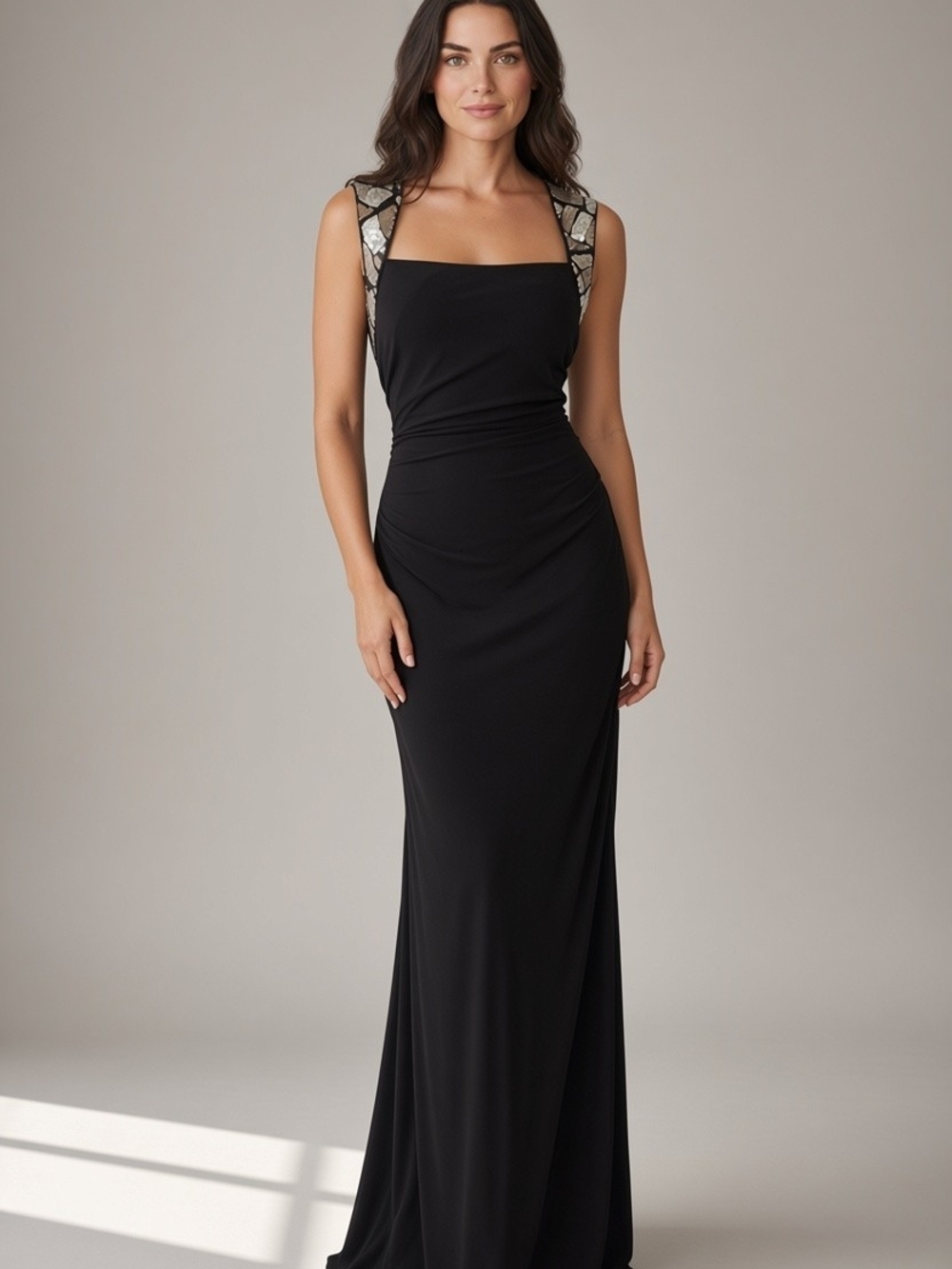 NWT Xscape Black Ruched Square Neck Formal Dress Embellished Strap Gown Size 10